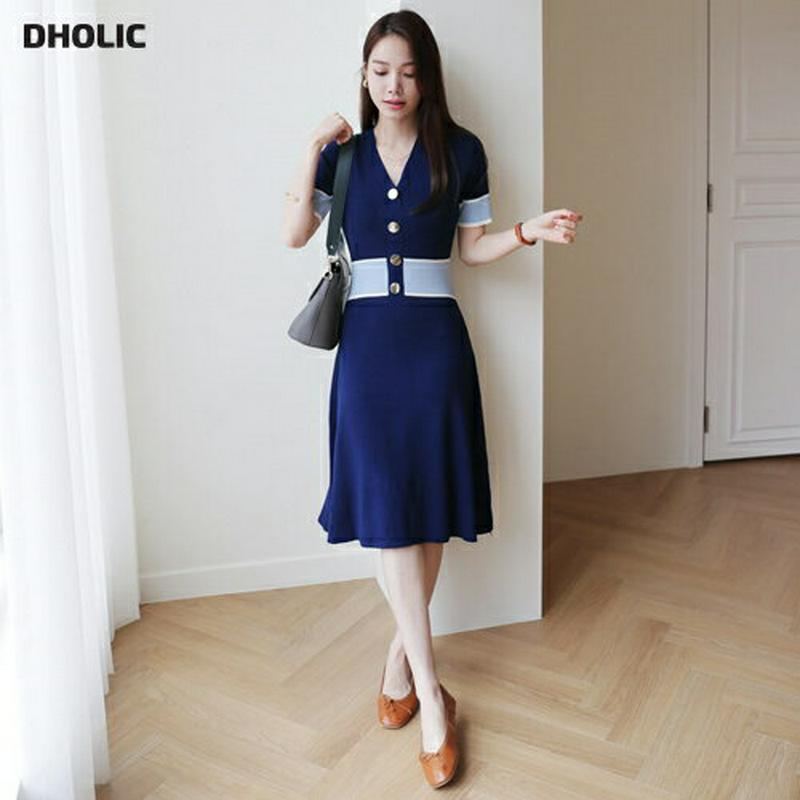 【新作10%OFF】配色ボタンフレアワンピース・全3色・b63659 レディース【ops】【韓国 ファッション ワンピース ミデ