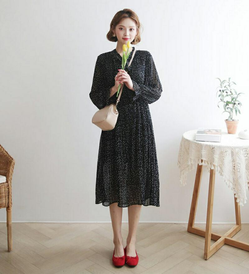 【新作10%OFF】ストラップ付ドットプリーツワンピース・全2色・b60814 レディース【ops】【韓国 ファッション ワンピ