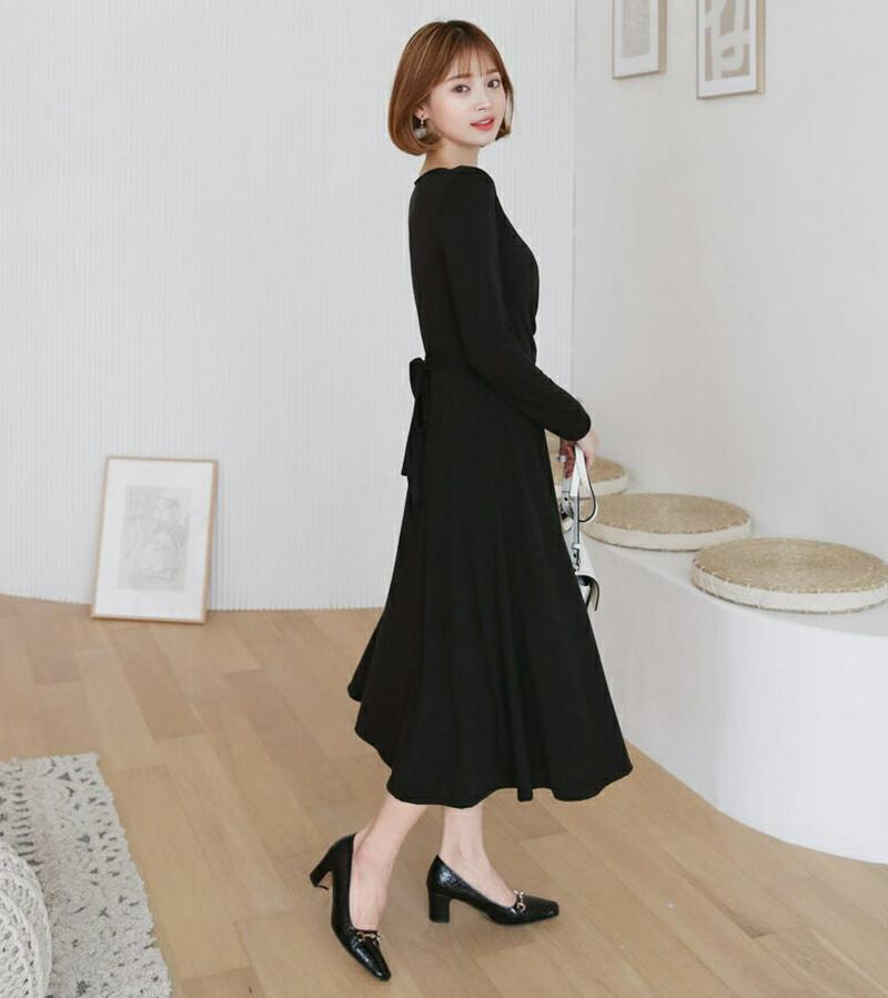 【マラソン特価】≪人気商品再入荷≫カシュクールフレアワンピース・全3色・b60634 レディース【ops】 韓国ファッション ワンピース ロング丈 フレア フレアワンピース Vネック カシュクール 鎖骨 デコルテ リボン シンプル 単色 大人 フェミニン 上品 秋 セール