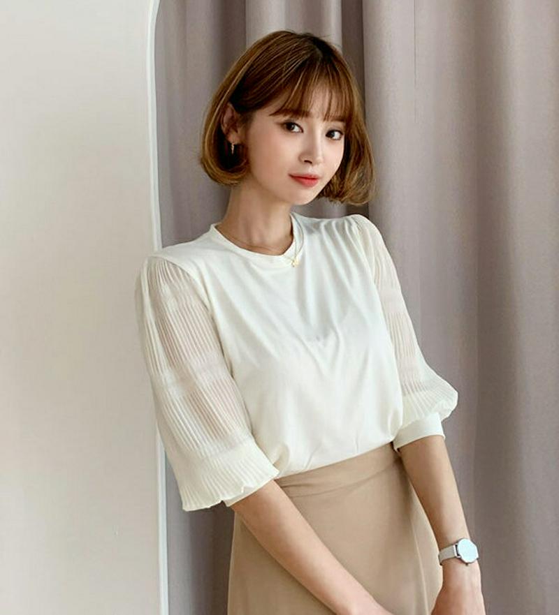 【新作10%OFF】リンクルスリーブTシャツ・全4色・t60620 レディース【tops】【韓国 ファッション トップス Tシャ