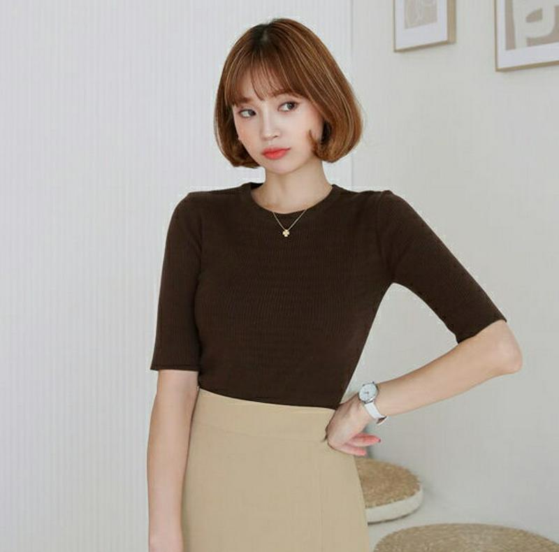 【新作10%OFF】リブハーフスリーブニット・全6色・b60614 レディース【tops】【韓国 ファッション トップス ニット