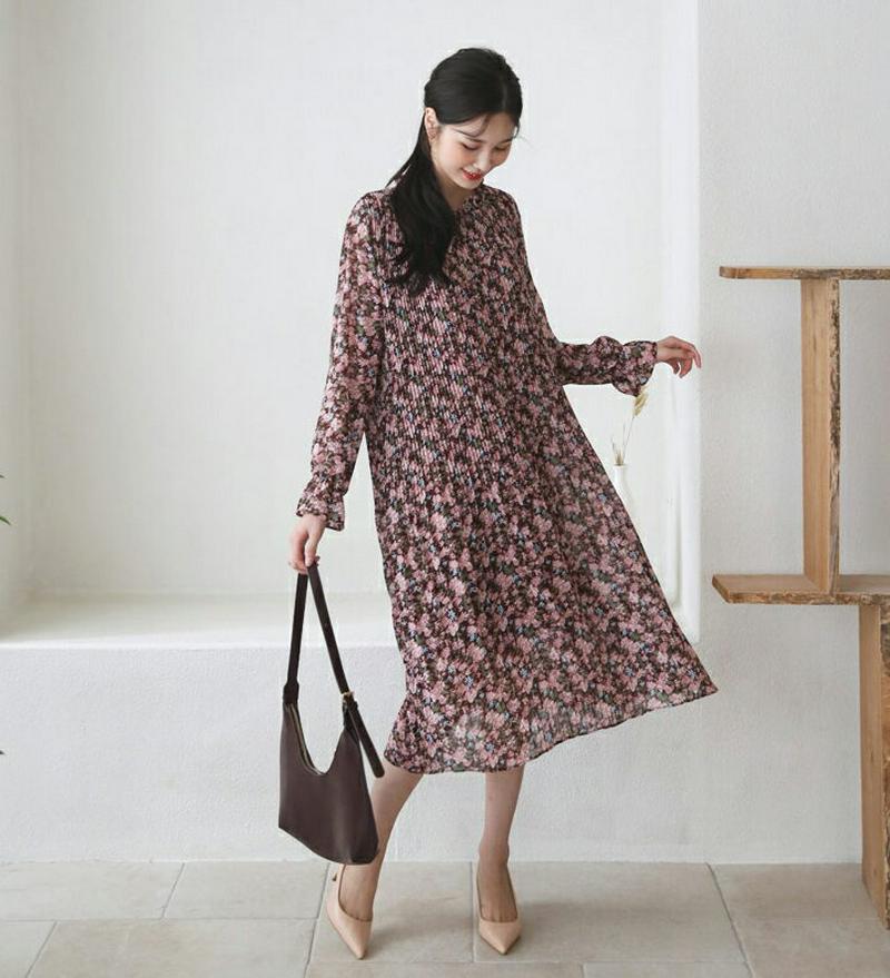 【新作10%OFF】ストラップ付プリーツ花柄ワンピース・全3色・b60630 レディース【ops】【韓国 ファッション ワンピー