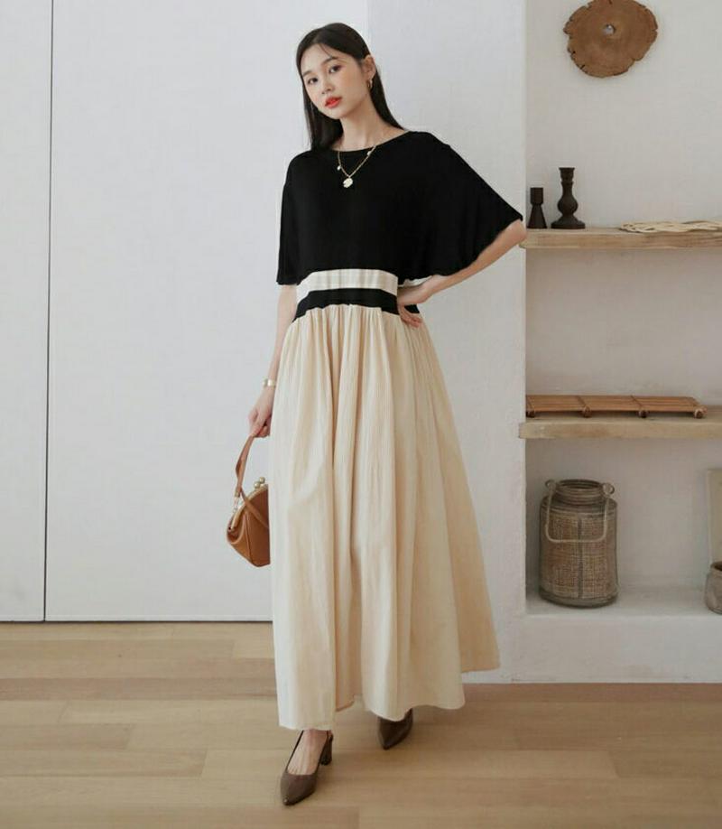 【新作10%OFF】プリーツ配色ワンピース・全2色・b60632 レディース【ops】【韓国 ファッション ワンピース ロングワ