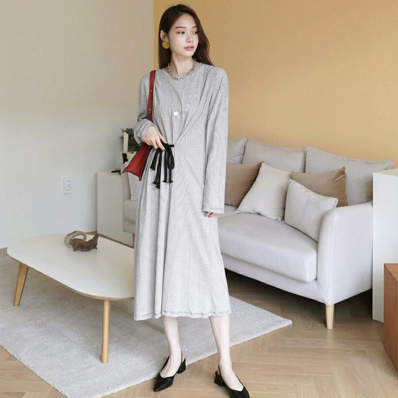 【新作10%OFF】リボンボーダーワンピース・全2色・t63657 レディース【ops】【韓国 ファッション ワンピース ミディ