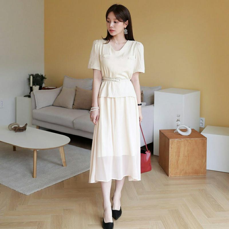 【新作10%OFF】ベルト付シフォンヘムワンピース・全1色・63666 レディース【ops】【韓国 ファッション ワンピース ロ