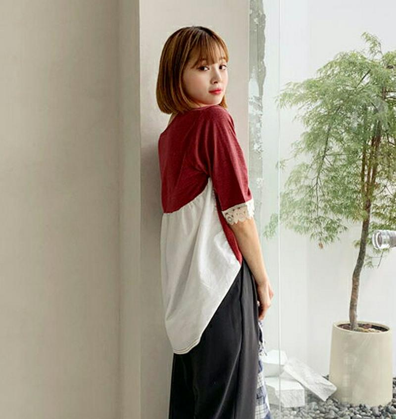 【新作10%OFF】バック配色レーススリーブTシャツ・全3色・t60587 レディース【tops】【韓国 ファッション トップス