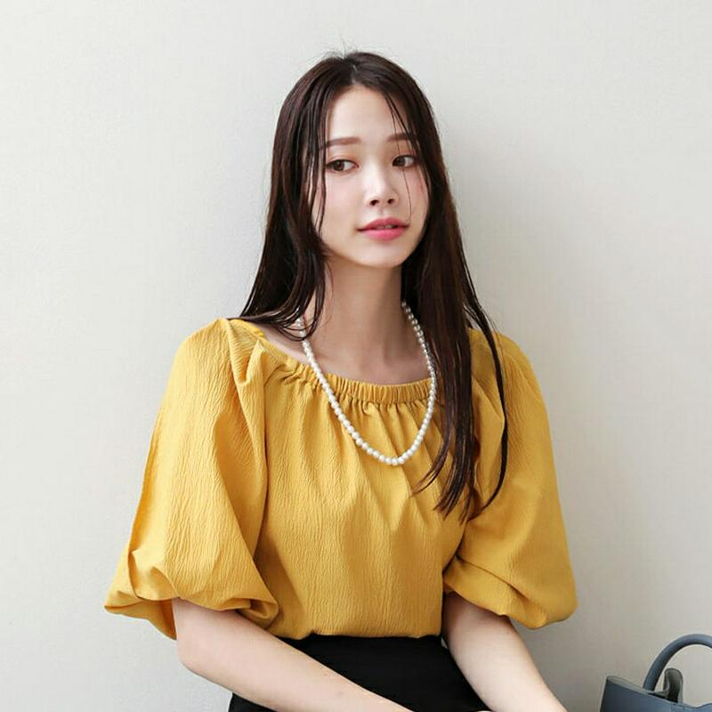 ネックゴムパフブラウス・全3色・b63263 レディース【bl】 韓国 ファッション トップス ブラウス 半袖 ハーフスリーブ パフスリーブ オフショルダー オフショル 単色 無地 シンプル かわいい 春 夏 ハイホリHIHOLLI