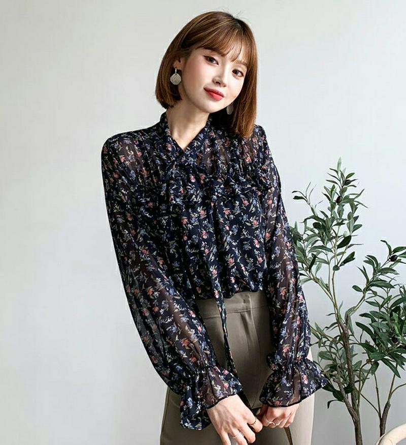 【全商品10%OFF】リボンフリル花柄ブラウス・全3色・t60793 レディース【bl】【韓国 ファッション トップス ブラウス