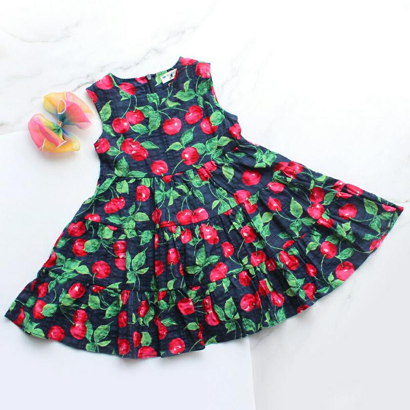 トロピカルスリーブレスワンピース(ネイビー)・p005217 キッズ【3~8才】【ops】【ワンピース ロングワンピース スリーブレス ノースリーブ トロピカル チェリー柄 ガーリー かわいい 女の子 韓国 韓国子供服 子供 こども 子供服 こども服】【KIDS】