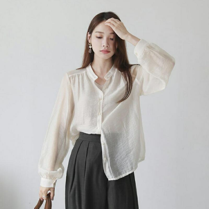 【新作10%OFF】バンドカラーシアーシャツ・全3色・t63827 レディース【bl】【トップス シャツ シアーシャツ 透け感 