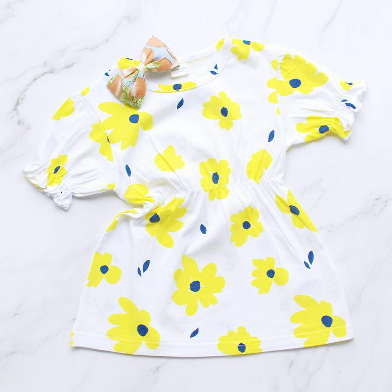 フラワー柄ワンピース(イエロー)・p005215 キッズ【3~8才】【ops】【ワンピース ミディ丈 ミディワンピース 半袖 ハーフスリーブ 花柄 フラワー 可愛い かわいい 黄色 春 夏 韓国 韓国子供服 子供 こども 子供服 こども服】【KIDS】