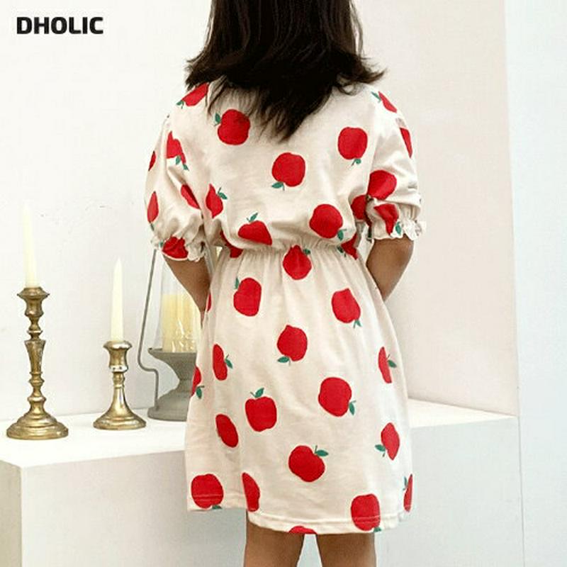 アップル柄ワンピース(アイボリー)・p005214 キッズ【3~8才】【ops】【ワンピース ミディ丈 ミディワンピース 半袖 ハーフスリーブ 総柄 りんご リンゴ くだもの 春 夏 女の子 韓国 韓国子供服 子供 こども 子供服 こども服】【KIDS】