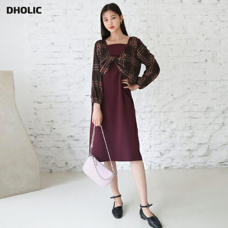 【新作10%OFF】チェックツイストブラウス&ノースリワンピースSET・全3色・t60634 レディース【ops】【韓国 ファッ