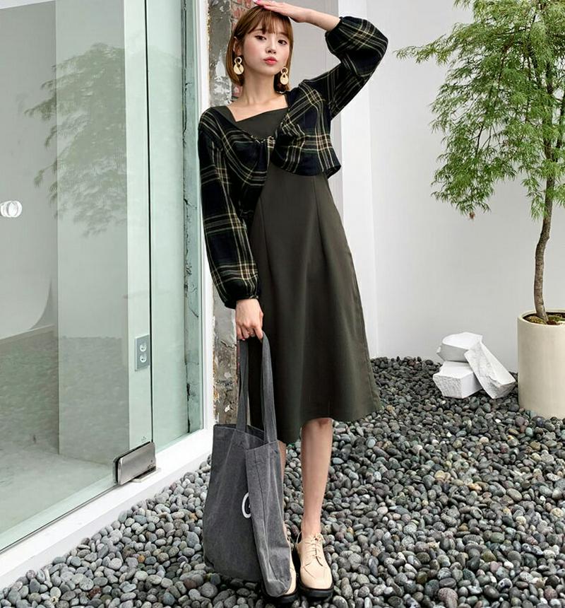 【新作10%OFF】チェックツイストブラウス&ノースリワンピースSET・全3色・t60634 レディース【ops】【韓国 ファッ