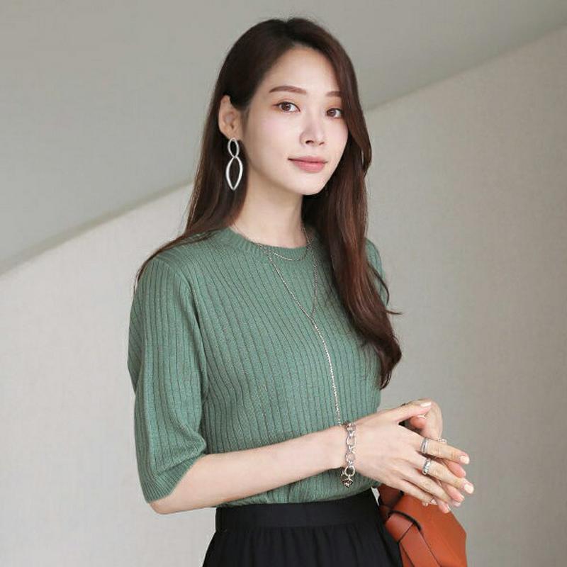 リブハーフスリーブニット・全7色・b63805 レディース【tops】【韓国 ファッション トップス ニット ニットトップス 半袖 ハーフスリーブ リブ リブニット 単色 無地 シンプル カジュアル 大人 春 夏】【ハイホリHIHOLLI】