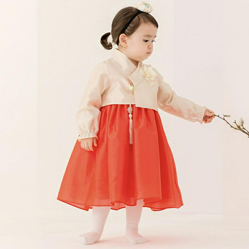 【送料無料】ブローチ付ノットタッセル韓服SET(チェリーレッド)・p005121 キッズ【0~2才】【set】【セットアップ セット setup 長袖 ロングワンピース ブローチ タッセル 韓服 チマチョゴリ 女の子 ベビー 韓国 韓国子供服 こども 子供服 】【KIDS】