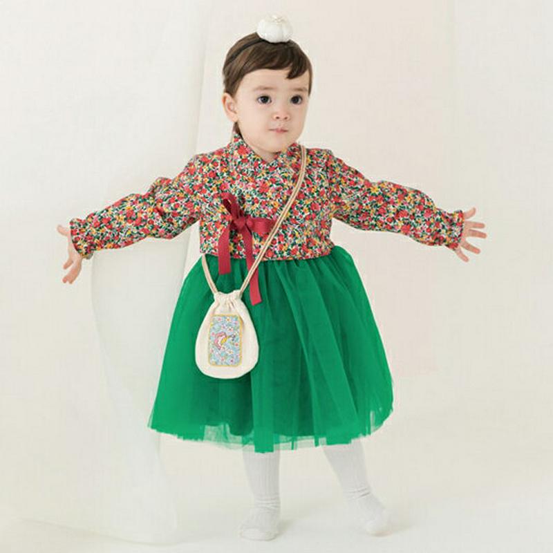 花柄トップ&グリーンワンピース韓服SET・p005114 キッズ【0~2才】【set】【セットアップ セット setup 長袖 ロングワンピース 花柄 韓服 チマチョゴリ ガーリー 女の子 ベビー プレゼント 韓国 韓国子供服 子供 こども 子供服 こども服】【KIDS】