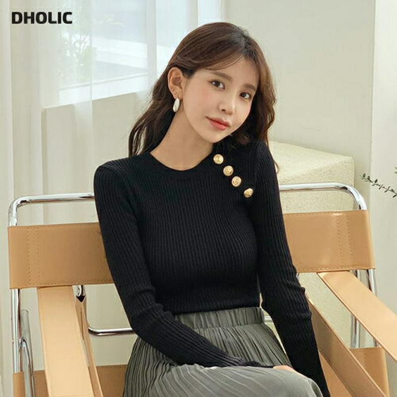 【新作10%OFF】フェイクボタンリブニット・全3色・b60690 レディース【tops】【韓国 ファッション トップス ニット