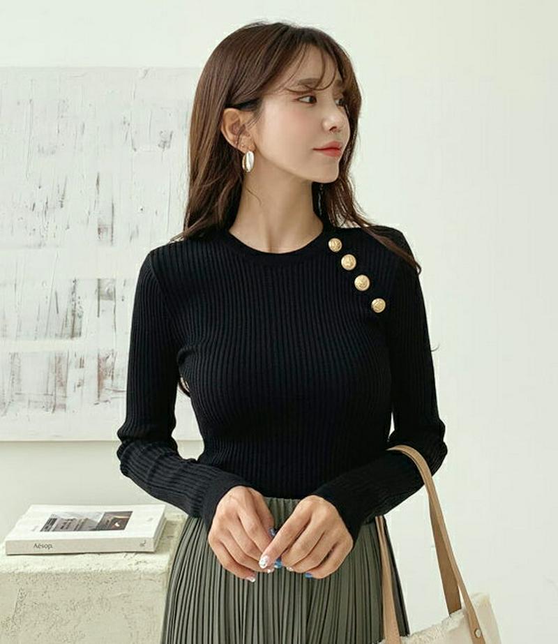 【新作10%OFF】フェイクボタンリブニット・全3色・b60690 レディース【tops】【韓国 ファッション トップス ニット