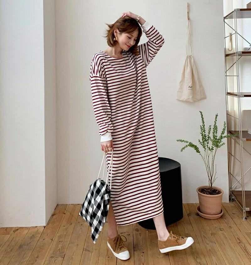 【新作10%OFF】ラウンドボーダーワンピース・全3色・t60720 レディース【ops】【韓国 ファッション ワンピース ロン