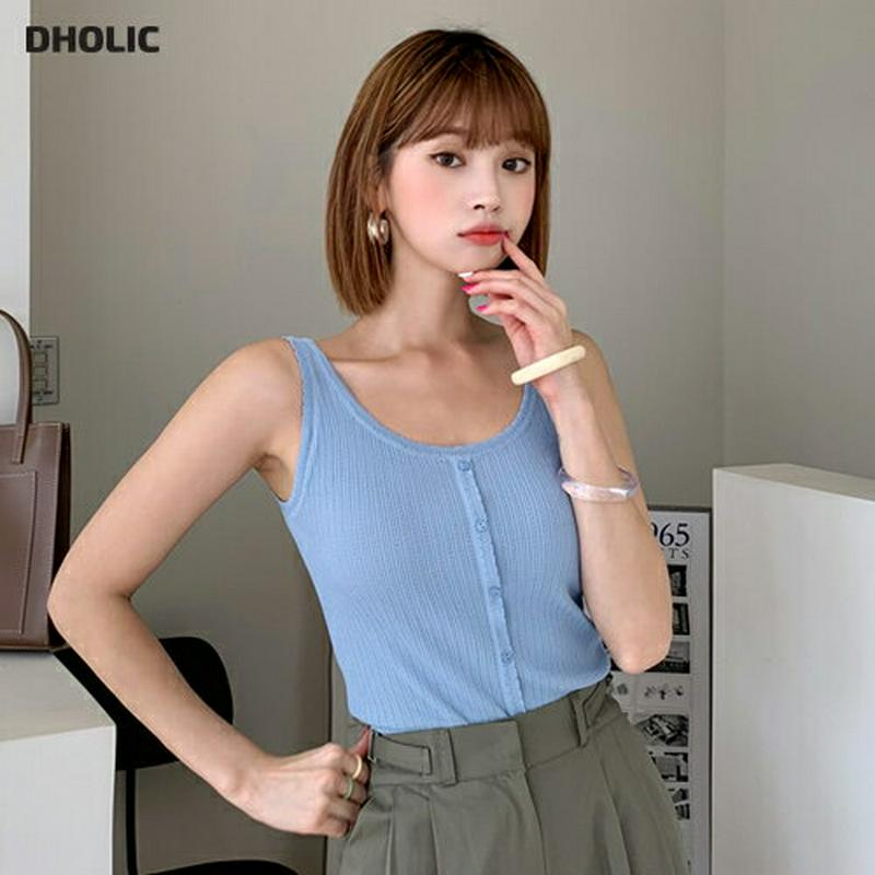 【全品10%OFF】2WAYボタンスリーブレス・全1色・e60724 レディース【tops】【韓国 ファッション トップス スリーブレス ノースリーブ ボタン スカラップ Uネック 鎖骨 デコルテ リブ 2way 前後着用自由 シンプル カジュアル ラフ 単色 春 夏 秋】