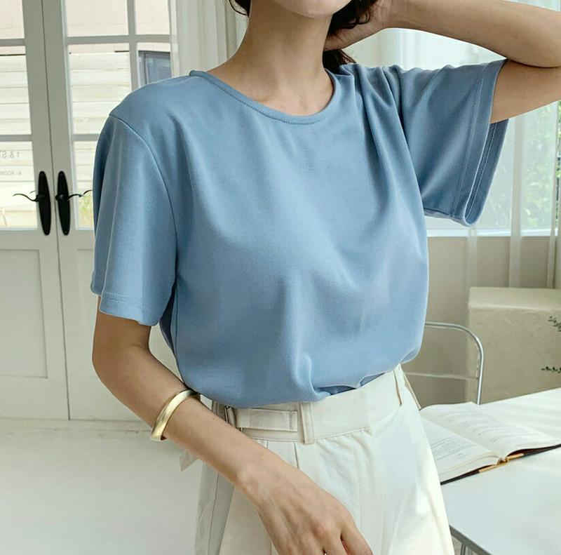 バックリボンTシャツ・全3色・e60678 レディース【tops】 韓国ファッション トップス Tシャツ 半袖 ショートスリーブ ラウンドネック シンプル カジュアル 単色 無地 リボン バックリボン 水色 春 夏
