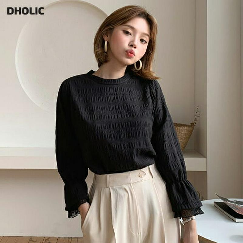 シアーへムリンクルTシャツ・全2色・t60683 レディース【tops】【韓国 ファッション トップス Tシャツ ロングスリーブ 長袖 ラウンドネック リンクル シワ シアー シアーヘム シンプル カジュアル 大人 春 秋】