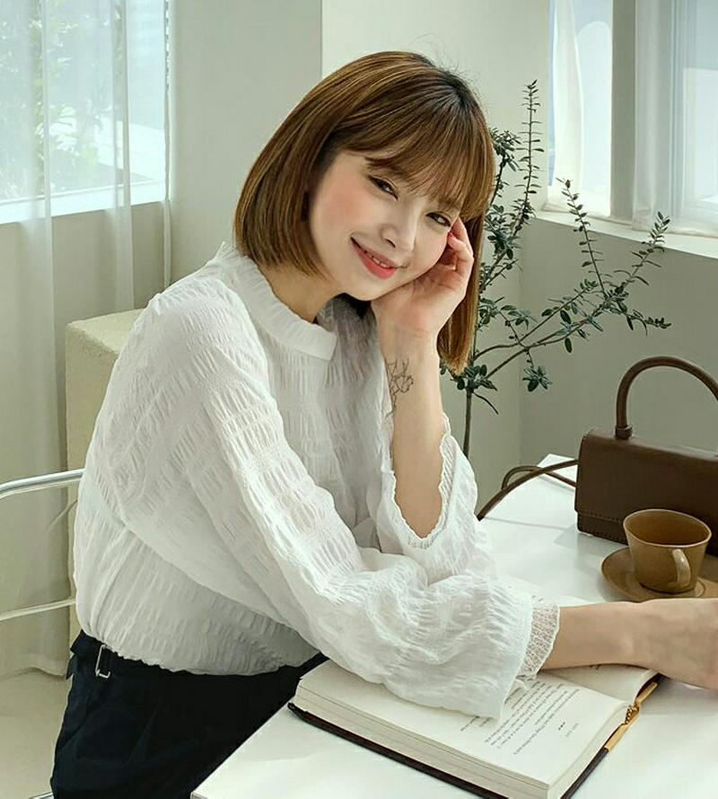 シアーへムリンクルTシャツ・全2色・t60683 レディース【tops】【韓国 ファッション トップス Tシャツ ロングスリーブ 長袖 ラウンドネック リンクル シワ シアー シアーヘム シンプル カジュアル 大人 春 秋】