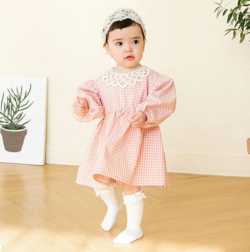 レース付け襟SETチェック柄ワンピース・p001190 キッズ【0~2才】【ops】【ワンピース ロングワンピース 長袖 レース 付け襟 つけ襟 チェック柄 ガーリー かわいい 女の子 韓国 韓国子供服 子供 こども 子供服 こども服】【KIDS】