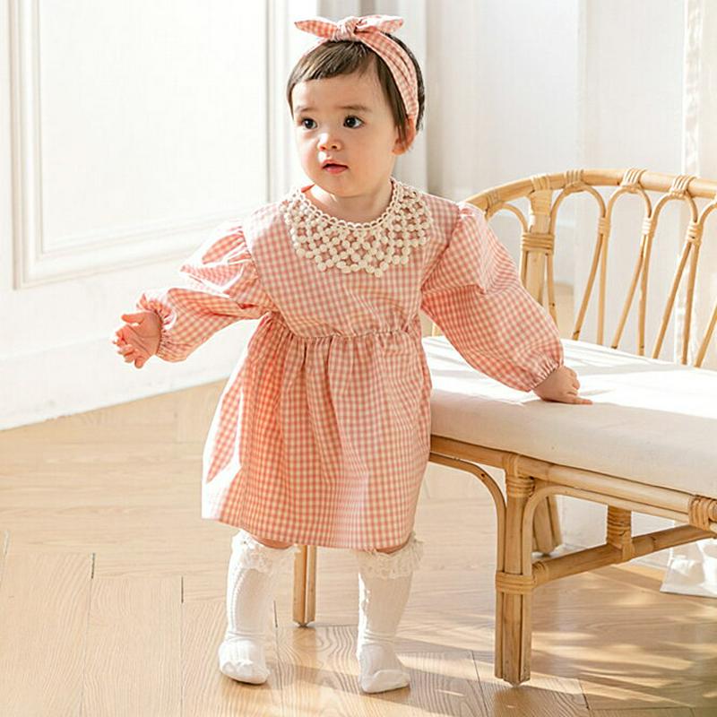 レース付け襟SETチェック柄ワンピース・p001190 キッズ【0~2才】【ops】【ワンピース ロングワンピース 長袖 レース 付け襟 つけ襟 チェック柄 ガーリー かわいい 女の子 韓国 韓国子供服 子供 こども 子供服 こども服】【KIDS】