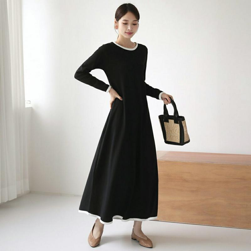 コントラストカラーワンピース・全3色・b63838 レディース【ops】【ワンピース ロング ロングワンピース 長袖 配色 コン