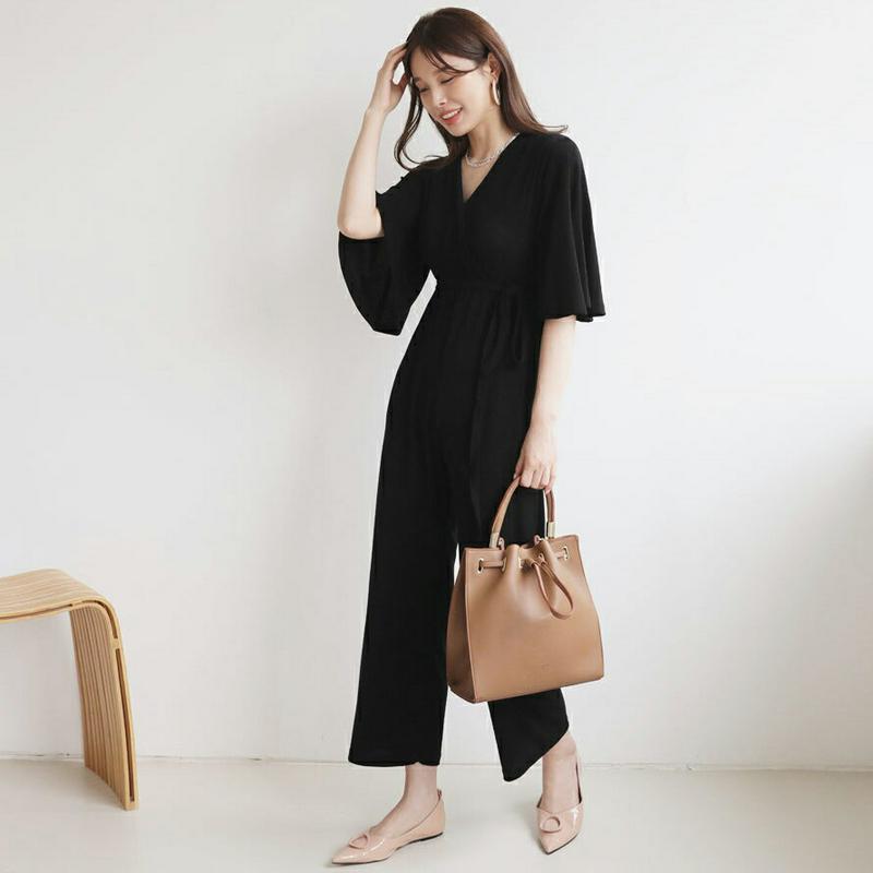 ストラップ付カシュクールオールインワン・全3色・b63839 レディース【pt】【オールイワン ズボン パンツ 七分丈 七分袖 