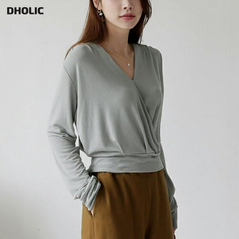 カシュクールクロップドTシャツ・全3色・t63825 レディース【tops】【トップス Tシャツ 長袖 カシュクール クロップド