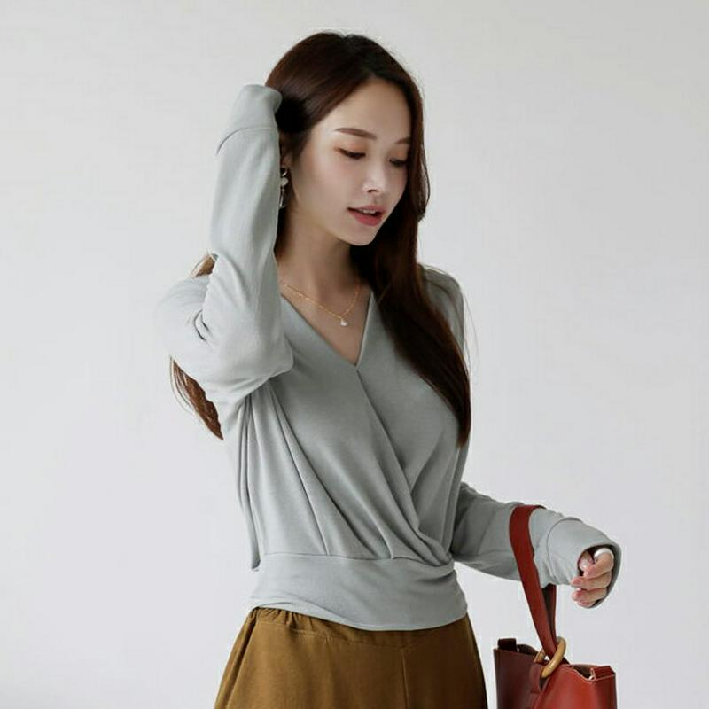 カシュクールクロップドTシャツ・全3色・t63825 レディース【tops】【トップス Tシャツ 長袖 カシュクール クロップド