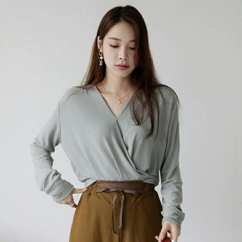 カシュクールクロップドTシャツ・全3色・t63825 レディース【tops】【トップス Tシャツ 長袖 カシュクール クロップド