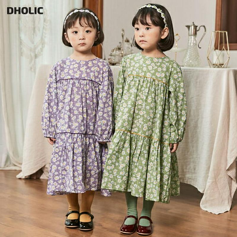 カチューシャ付花柄チェックロングワンピース・u05226 キッズ【3~8才】【ops】【ワンピース カチューシャ付 花柄 チェッ