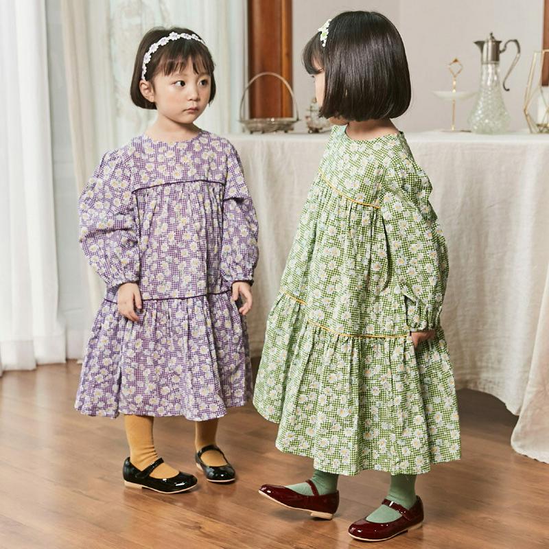 カチューシャ付花柄チェックロングワンピース・u05226 キッズ【3~8才】【ops】【ワンピース カチューシャ付 花柄 チェッ