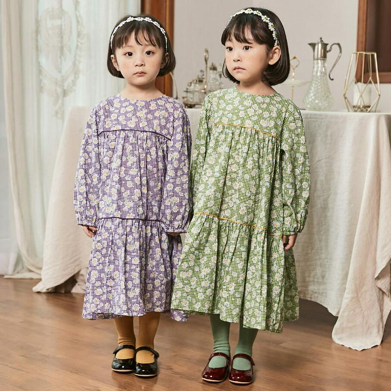 カチューシャ付花柄チェックロングワンピース・u05226 キッズ【3~8才】【ops】【ワンピース カチューシャ付 花柄 チェッ