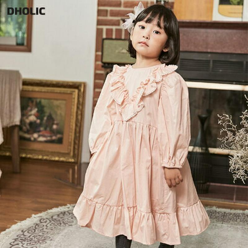 フリルラインロングワンピース・u05260 キッズ【3~8才】【ops】【ワンピース ロングワンピース 長袖 フリル Vライン 