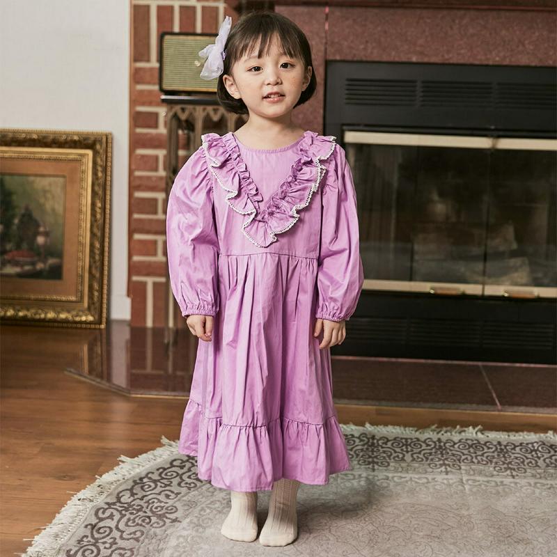 フリルラインロングワンピース・u05260 キッズ【3~8才】【ops】【ワンピース ロングワンピース 長袖 フリル Vライン 