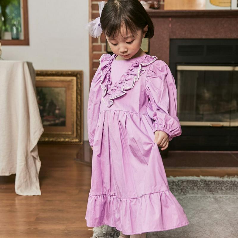 フリルラインロングワンピース・u05260 キッズ【3~8才】【ops】【ワンピース ロングワンピース 長袖 フリル Vライン 