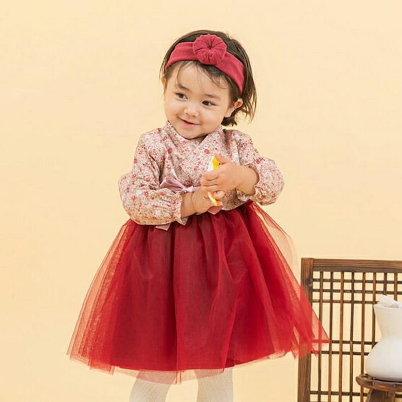 花柄リボン韓服SET(ワイン)・p005092 キッズ【0~2才】【set】【セットアップ セット setup 花柄 ワンピース スリーブレス 長袖 ロング丈 韓服 チマチョゴリ 上品 女の子 ベビー プレゼント 韓国 韓国子供服 子供 こども 子供服 こども服】【KIDS】