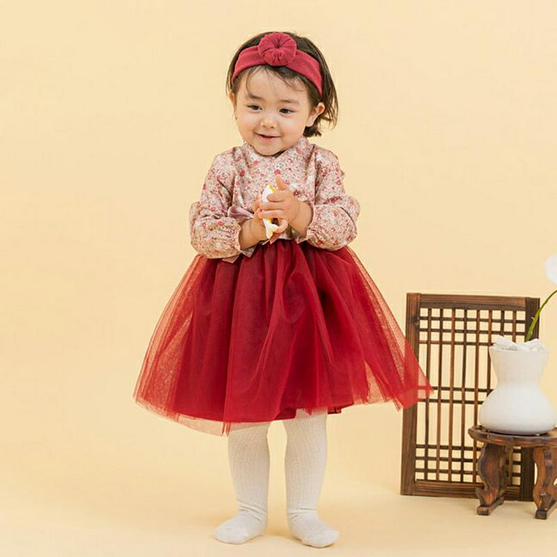 花柄リボン韓服SET(ワイン)・p005092 キッズ【0~2才】【set】【セットアップ セット setup 花柄 ワンピース スリーブレス 長袖 ロング丈 韓服 チマチョゴリ 上品 女の子 ベビー プレゼント 韓国 韓国子供服 子供 こども 子供服 こども服】【KIDS】