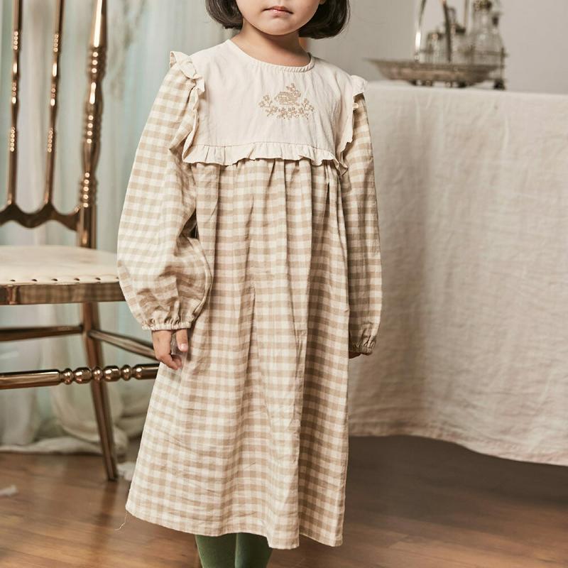 フリルボックスカラーチェックワンピース・u05274 キッズ【3~8才】【ops】【ワンピース ロングワンピース 長袖 フリル 