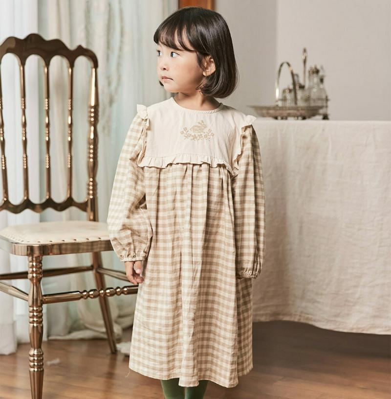 フリルボックスカラーチェックワンピース・u05274 キッズ【3~8才】【ops】【ワンピース ロングワンピース 長袖 フリル 