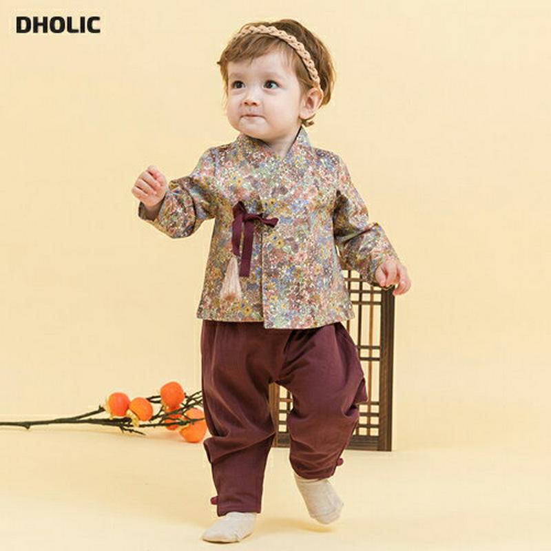 花柄リボンパンツ韓服SET・p005071 キッズ【0~2才】【set】【セットアップ セット setup 長袖 長ズボン パンツ 韓服 花柄 リボン パジチョゴリ 上品 男の子 ベビー プレゼント 韓国 韓国子供服 子供 こども 子供服 こども服】【KIDS】