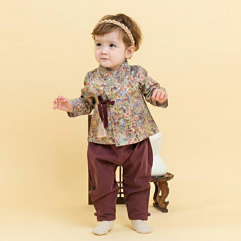 花柄リボンパンツ韓服SET・p005071 キッズ【0~2才】【set】【セットアップ セット setup 長袖 長ズボン パンツ 韓服 花柄 リボン パジチョゴリ 上品 男の子 ベビー プレゼント 韓国 韓国子供服 子供 こども 子供服 こども服】【KIDS】