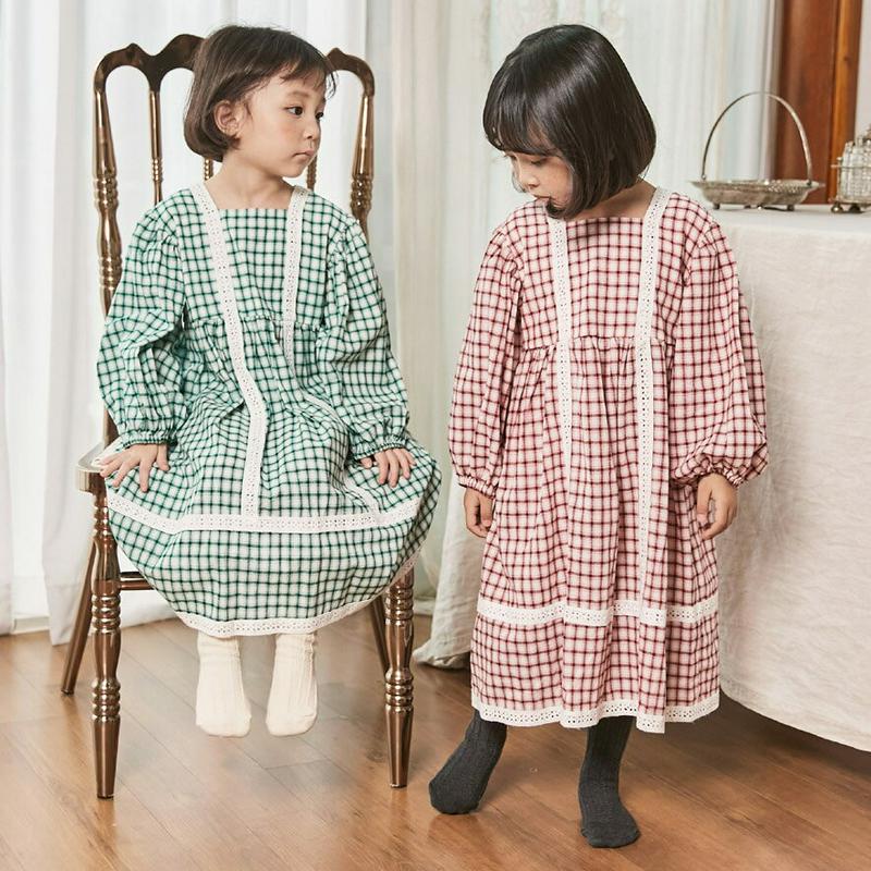 レースラインチェックワンピース・u05263 キッズ【3~8才】【ops】【ワンピース ロングワンピース 長袖 チェック柄 レー