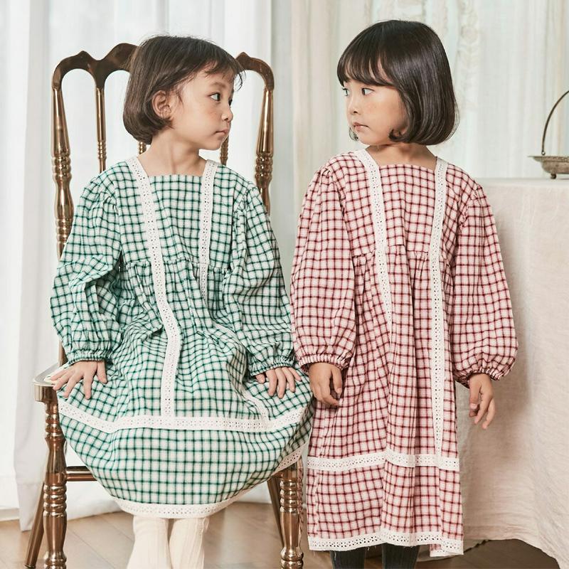 レースラインチェックワンピース・u05263 キッズ【3~8才】【ops】【ワンピース ロングワンピース 長袖 チェック柄 レー