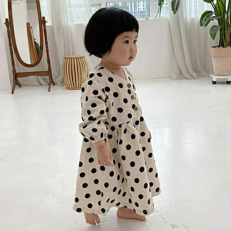 【新作10%OFF】ドット柄Vネックワンピース・u05355 キッズ【3~8才】【ops】【ワンピース ロングワンピース 長袖 